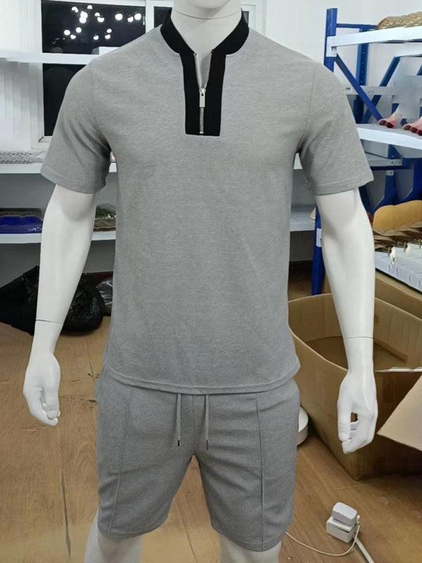 Men's Contrasting Color Waffle V-Neck Zipper T-Shirt + Shorts Casual Suit - 808Lush