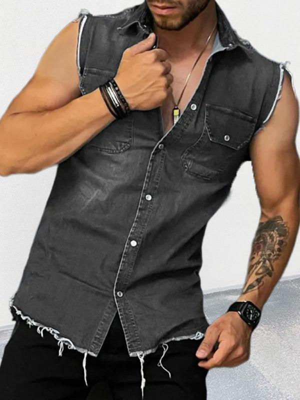 Men's Denim Lapel Sleeveless Shirt Top - 808Lush