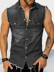 Men's Denim Lapel Sleeveless Shirt Top - 808Lush