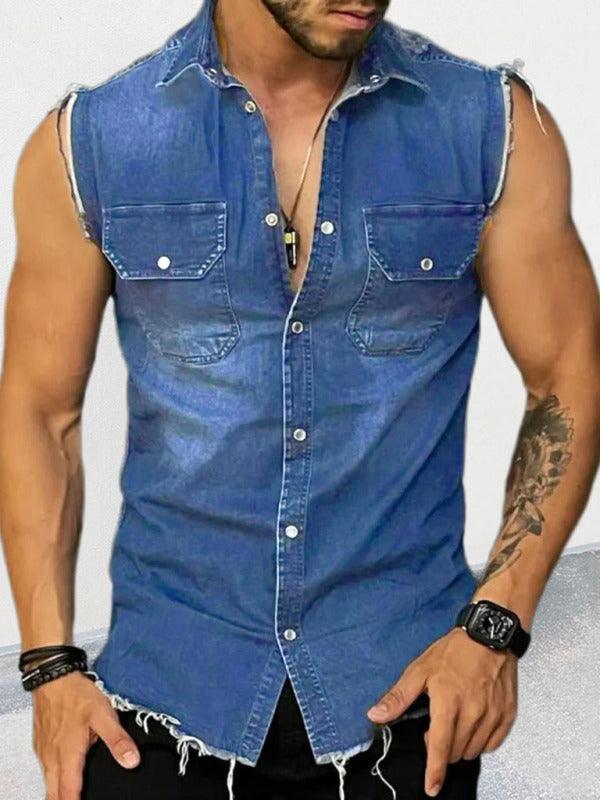 Men's Denim Lapel Sleeveless Shirt Top - 808Lush