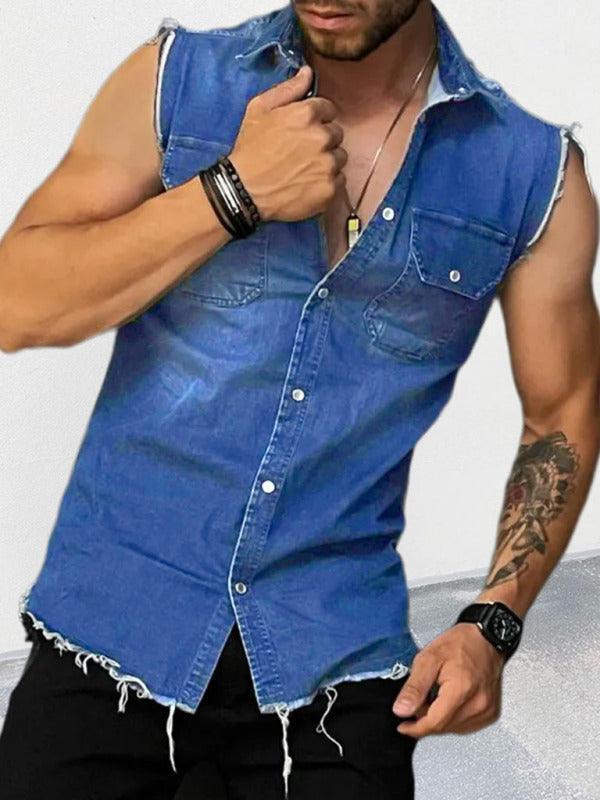 Men's Denim Lapel Sleeveless Shirt Top - 808Lush