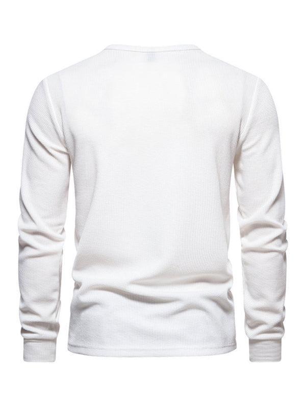 Men's Four Button Waffle Henley Neck Long Sleeve T-Shirt - 808Lush