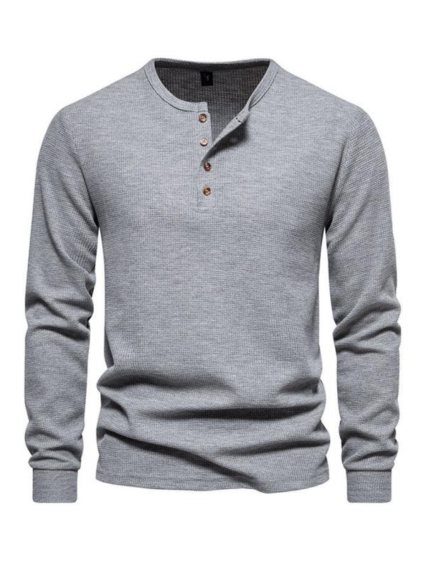 Men's Four Button Waffle Henley Neck Long Sleeve T-Shirt - 808Lush