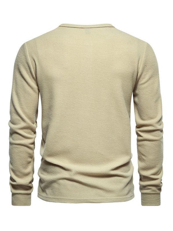 Men's Four Button Waffle Henley Neck Long Sleeve T-Shirt - 808Lush