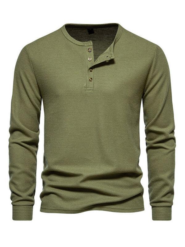 Men's Four Button Waffle Henley Neck Long Sleeve T-Shirt - 808Lush