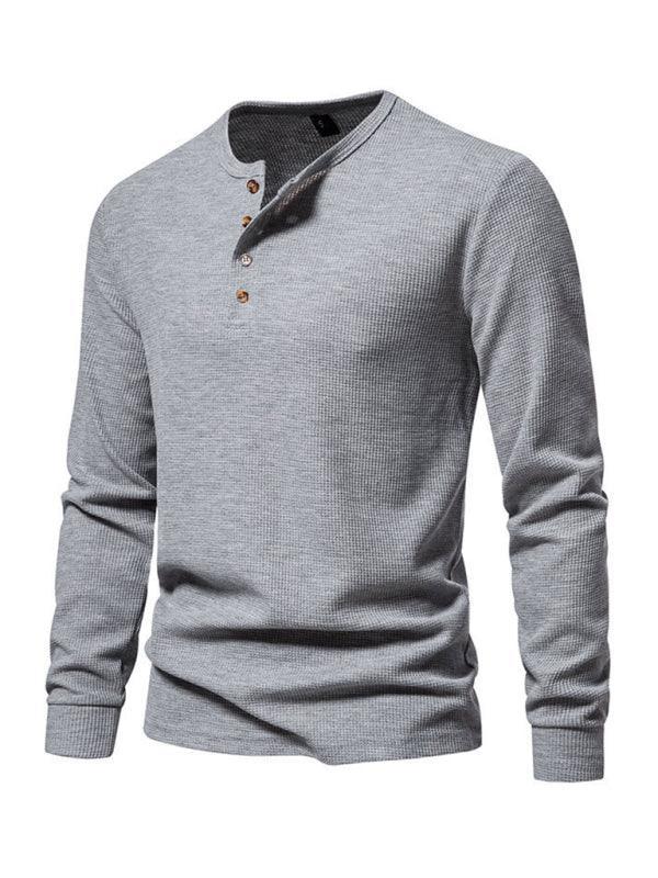 Men's Four Button Waffle Henley Neck Long Sleeve T-Shirt - 808Lush