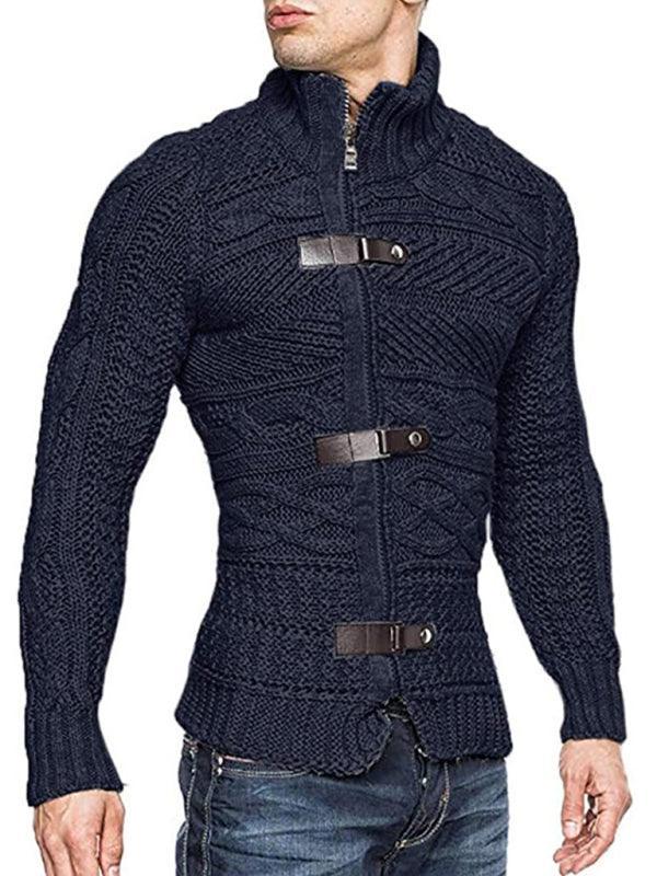 Men's Leather Button Long Sleeve Knitted Cardigan Jacket - 808Lush