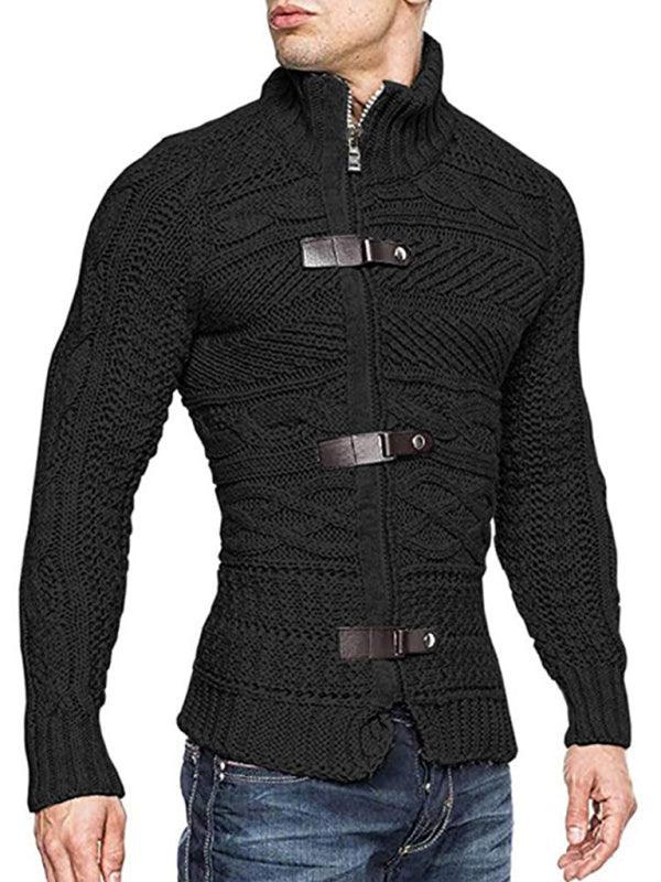 Men's Leather Button Long Sleeve Knitted Cardigan Jacket - 808Lush