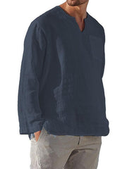 Men's Long Sleeve V Neck Casual Beach Linen Shirt - 808Lush