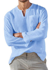 Men's Long Sleeve V Neck Casual Beach Linen Shirt - 808Lush