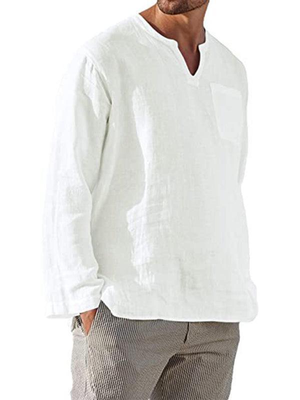 Men's Long Sleeve V Neck Casual Beach Linen Shirt - 808Lush