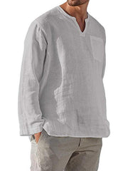 Men's Long Sleeve V Neck Casual Beach Linen Shirt - 808Lush