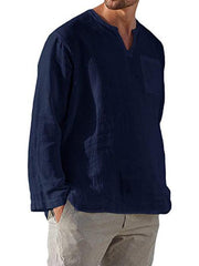 Men's Long Sleeve V Neck Casual Beach Linen Shirt - 808Lush