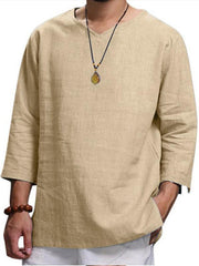 Men's Long Sleeve V Neck Cotton Linen Loose Shirt - 808Lush