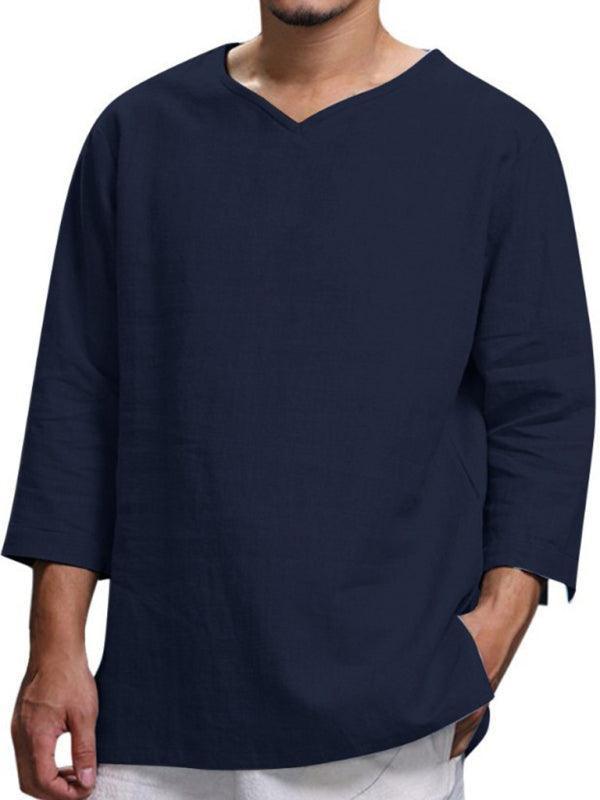 Men's Long Sleeve V Neck Cotton Linen Loose Shirt - 808Lush