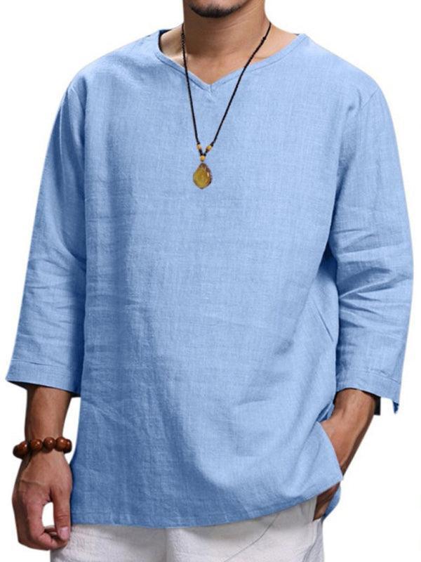 Men's Long Sleeve V Neck Cotton Linen Loose Shirt - 808Lush