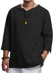 Men's Long Sleeve V Neck Cotton Linen Loose Shirt - 808Lush