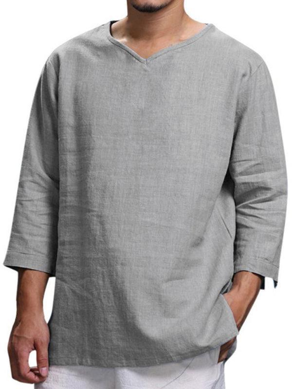 Men's Long Sleeve V Neck Cotton Linen Loose Shirt - 808Lush