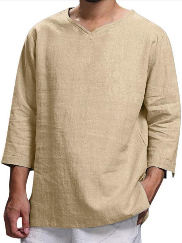 Men's Long Sleeve V Neck Cotton Linen Loose Shirt - 808Lush