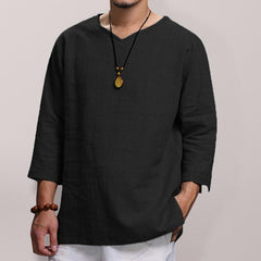 Men's Long Sleeve V Neck Cotton Linen Loose Shirt - 808Lush