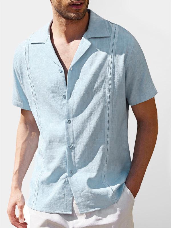 Men's Loose Casual Linen Shirt Cuban Guayabera Short Sleeve Beach Shirt - 808Lush