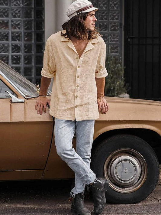 Men's Loose Plus Size Casual Lapel Long Sleeve Shirt Solid Color Shirt - 808Lush