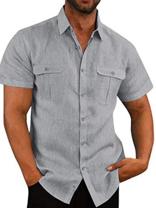 Men's Shirt Double Pocket Cotton Linen Short Sleeve Shirt Casual Vacation Shirt - 808Lush