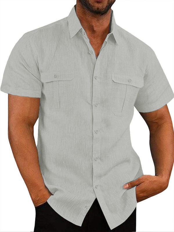 Men's Shirt Double Pocket Cotton Linen Short Sleeve Shirt Casual Vacation Shirt - 808Lush