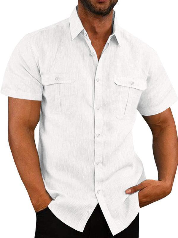 Men's Shirt Double Pocket Cotton Linen Short Sleeve Shirt Casual Vacation Shirt - 808Lush