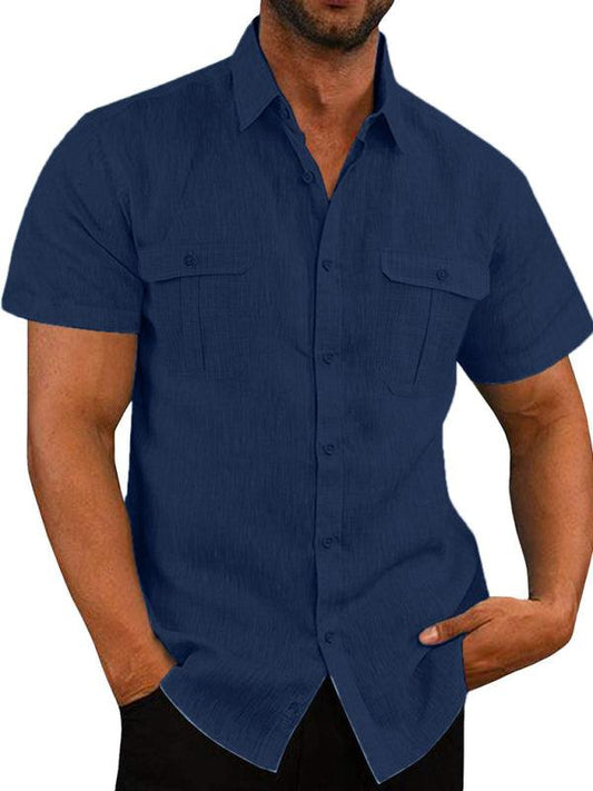 Men's Shirt Double Pocket Cotton Linen Short Sleeve Shirt Casual Vacation Shirt - 808Lush