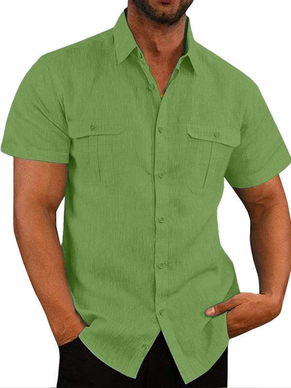 Men's Shirt Double Pocket Cotton Linen Short Sleeve Shirt Casual Vacation Shirt - 808Lush