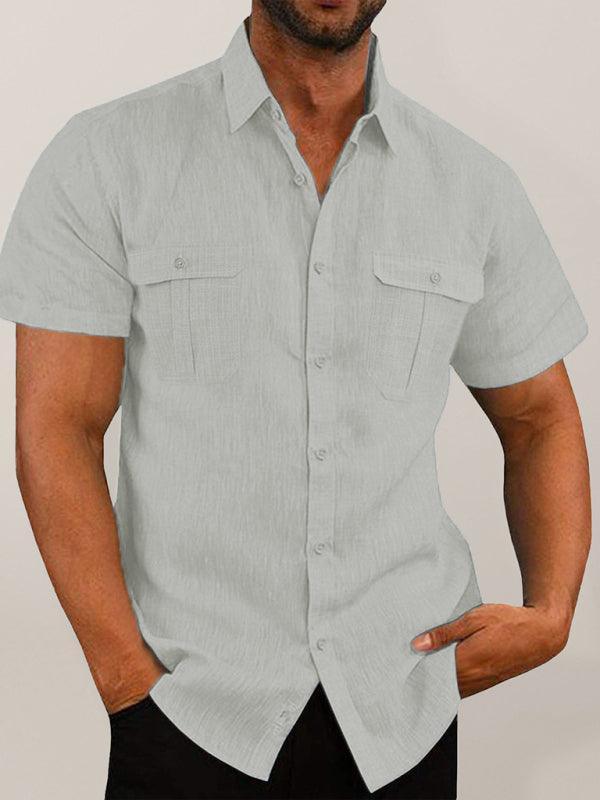 Men's Shirt Double Pocket Cotton Linen Short Sleeve Shirt Casual Vacation Shirt - 808Lush