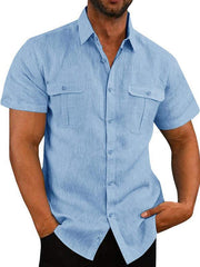 Men's Shirt Double Pocket Cotton Linen Short Sleeve Shirt Casual Vacation Shirt - 808Lush