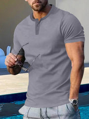 Men's Short Sleeve Henley Round Neck Slim Fit Athletic T-Shirt - 808Lush