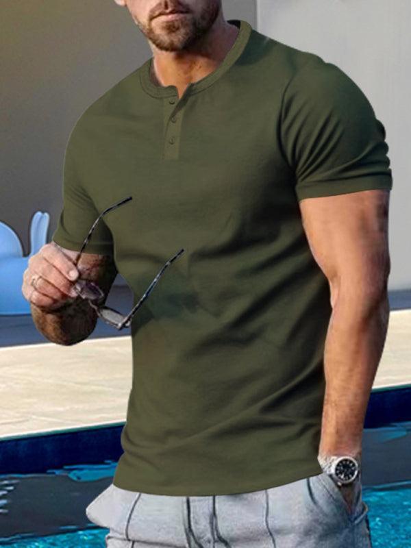 Men's Short Sleeve Henley Round Neck Slim Fit Athletic T-Shirt - 808Lush