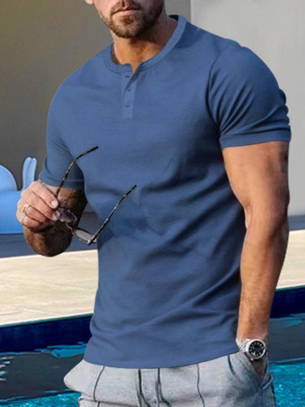 Men's Short Sleeve Henley Round Neck Slim Fit Athletic T-Shirt - 808Lush