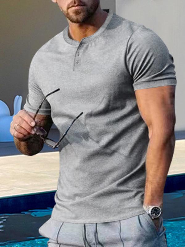 Men's Short Sleeve Henley Round Neck Slim Fit Athletic T-Shirt - 808Lush