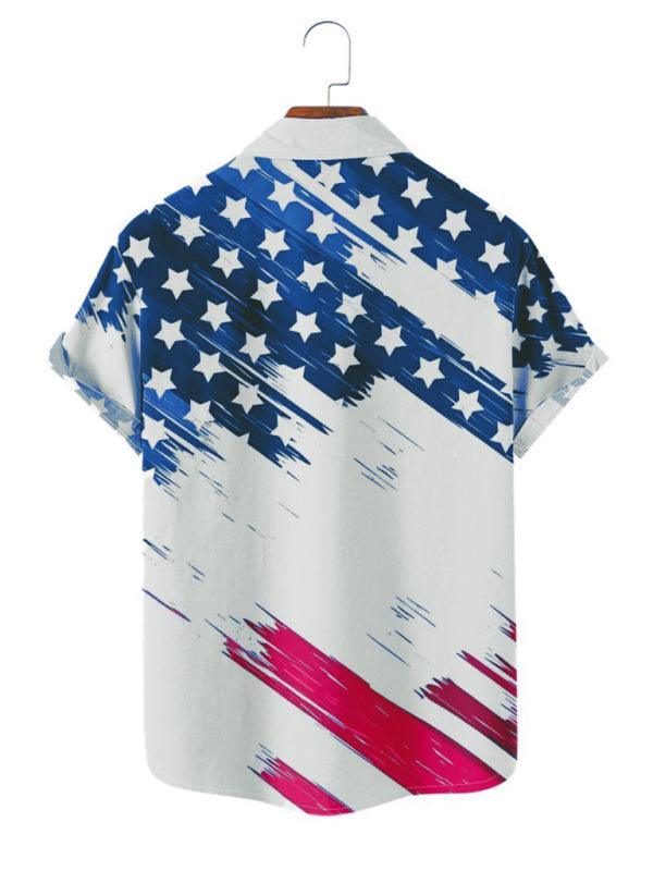 Men's Short Sleeve Loose Shirt American Flag Print Casual Lapel Clothing - 808Lush