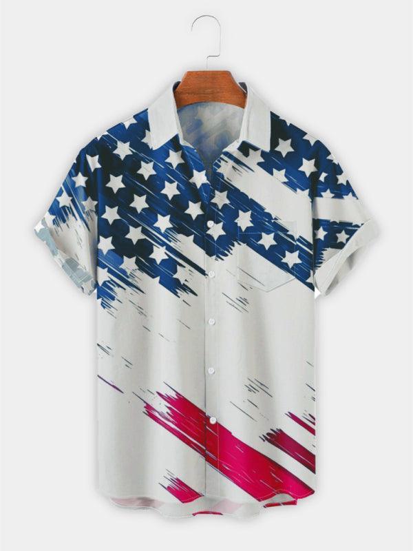 Men's Short Sleeve Loose Shirt American Flag Print Casual Lapel Clothing - 808Lush