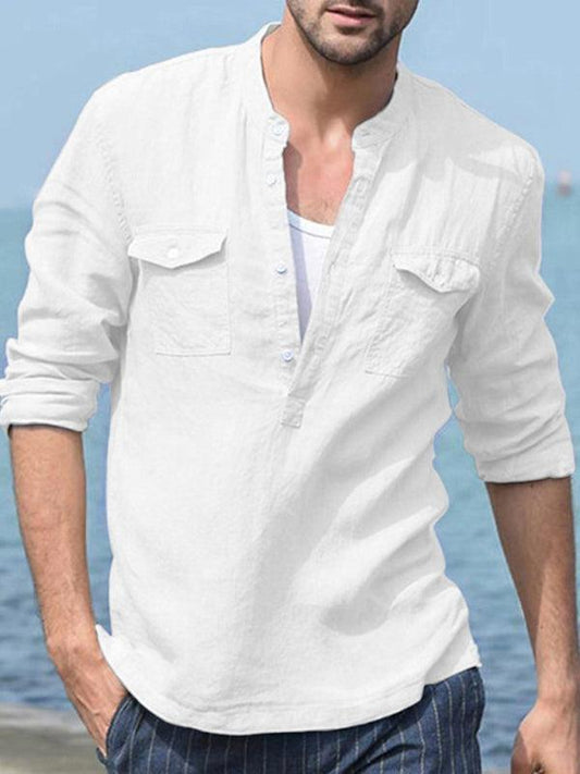 Men's Solid Color Cotton Linen Pocket Shirt - 808Lush