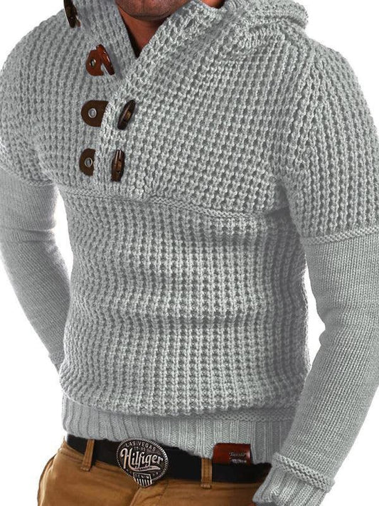 Men's Solid Color Lapel Collar Diagonal Button Horn Button Pullover Sweater - 808Lush