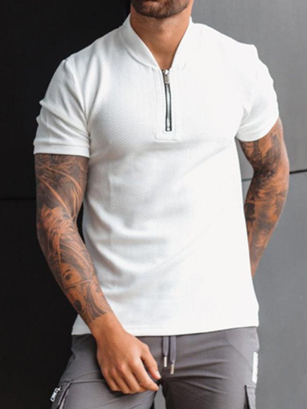 Men's Solid Color Zipper Stand Collar Casual Short Sleeve T-Shirt - 808Lush