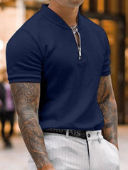 Men's Solid Color Zipper Stand Collar Casual Short Sleeve T-Shirt - 808Lush