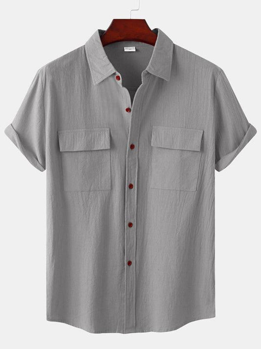 Men's Square Neck Casual Cotton Linen Shirt Linen Solid Color Half Sleeve Top - 808Lush