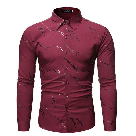 Men's Stand Collar Line Foil Print Long Sleeve Shirt - 808Lush