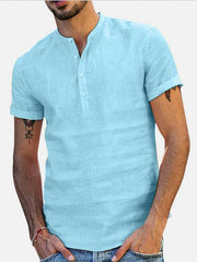 Men's Stand Collar Short Sleeve V Neck Cotton Linen Shirt - 808Lush