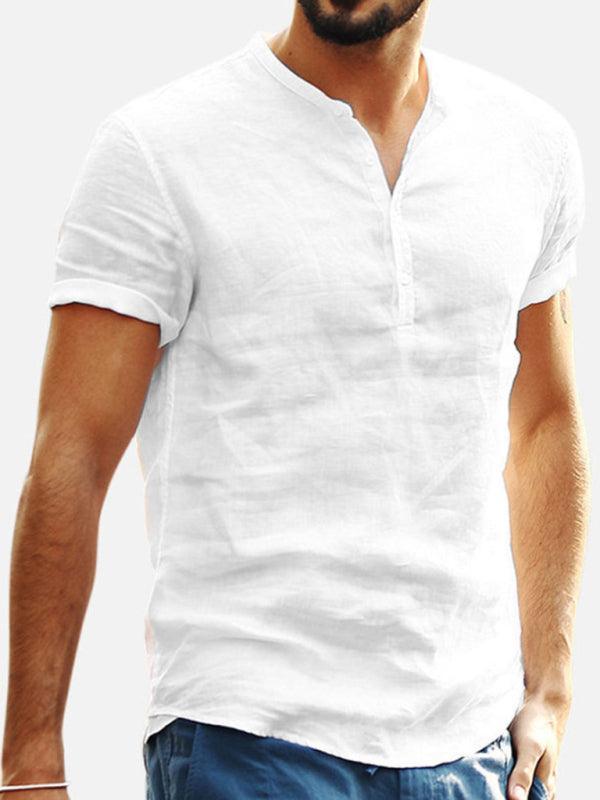 Men's Stand Collar Short Sleeve V Neck Cotton Linen Shirt - 808Lush