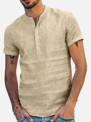 Men's Stand Collar Short Sleeve V Neck Cotton Linen Shirt - 808Lush