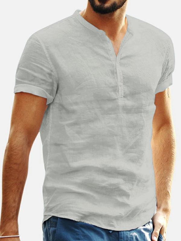 Men's Stand Collar Short Sleeve V Neck Cotton Linen Shirt - 808Lush