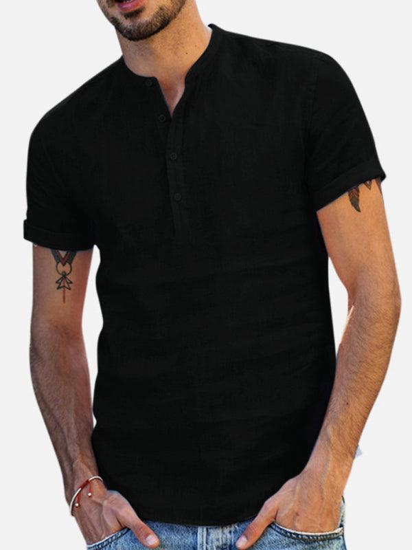 Men's Stand Collar Short Sleeve V Neck Cotton Linen Shirt - 808Lush